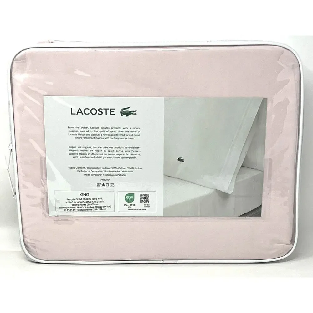 Lacoste KING Sheet Set Iced Pink 100% Cotton Percale Crocodile Logo 4 Pieces